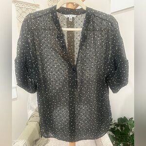 CAbi Sheer Black Dot Print Short Sleeve Blouse Women’s Medium